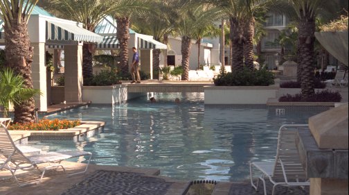 Picture of the pool at the Westin. It has a small bridge and is surrounded by palm trees.