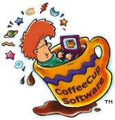 Colorful picture of Web page designer in a coffee cup